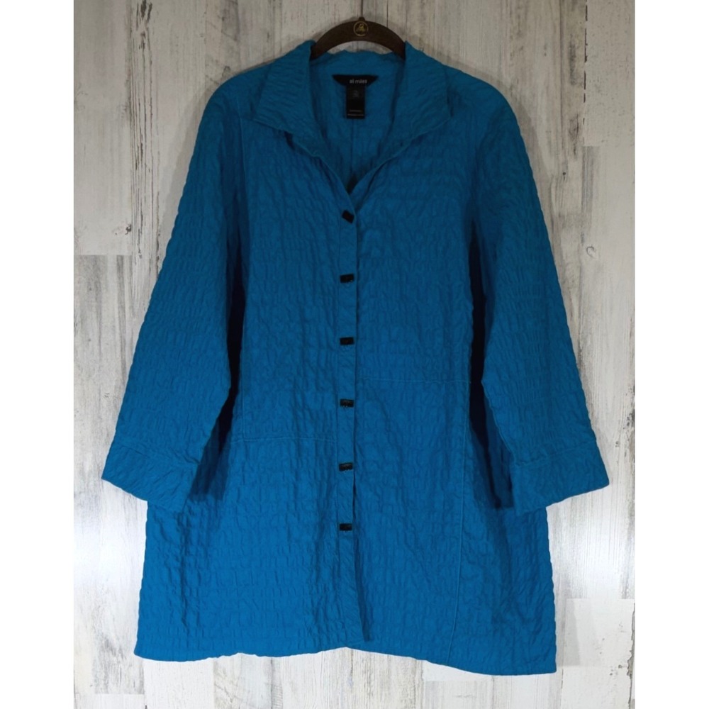 Ali Miles Button Up Tunic 1X Blue Crinkle Textured 3/4 Sleeve Artsy Lagenlook